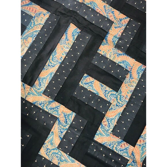 Vintage Handmade And Machine Sewn Wall Hanging Quilt Black Teal Orange 44 X 32 - Picture 7 of 12